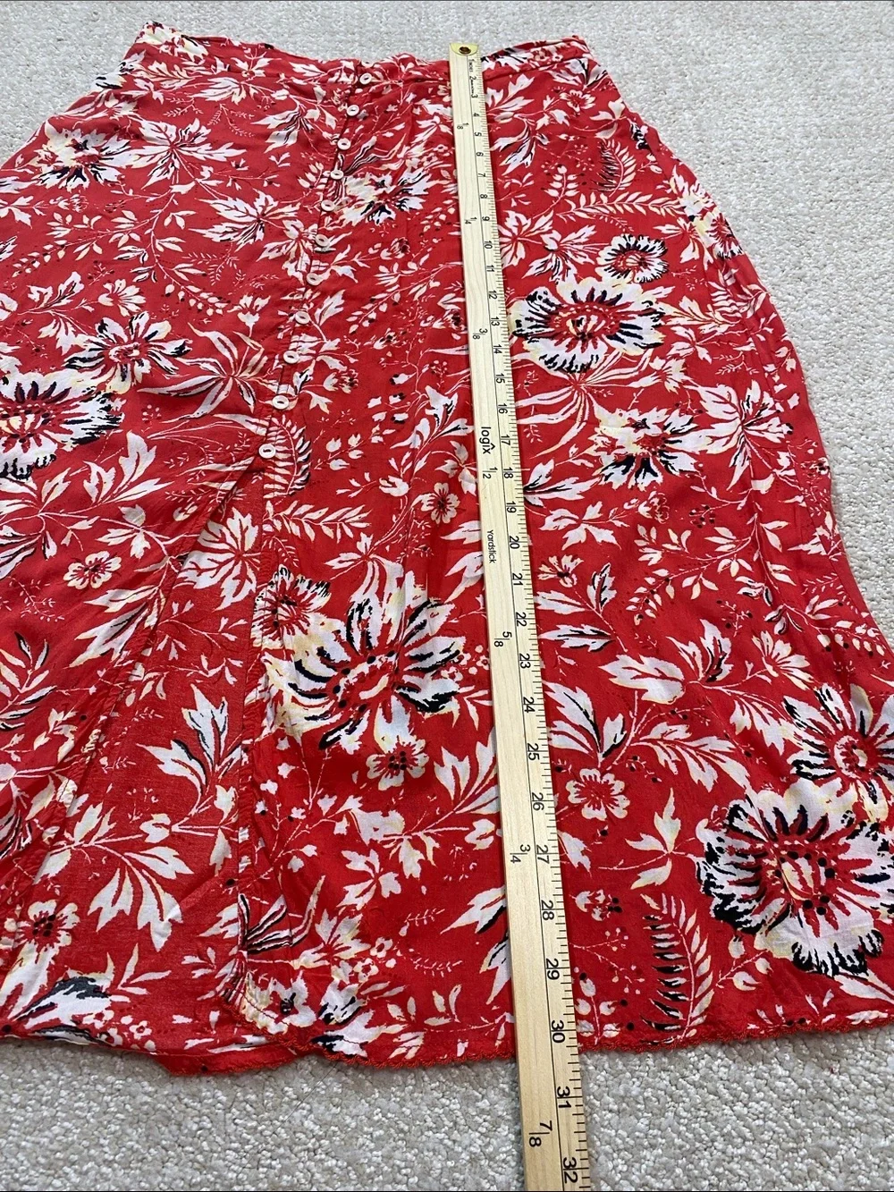Free People Red Floral Midi Skirt with Front Slit Size L 100 Viscose